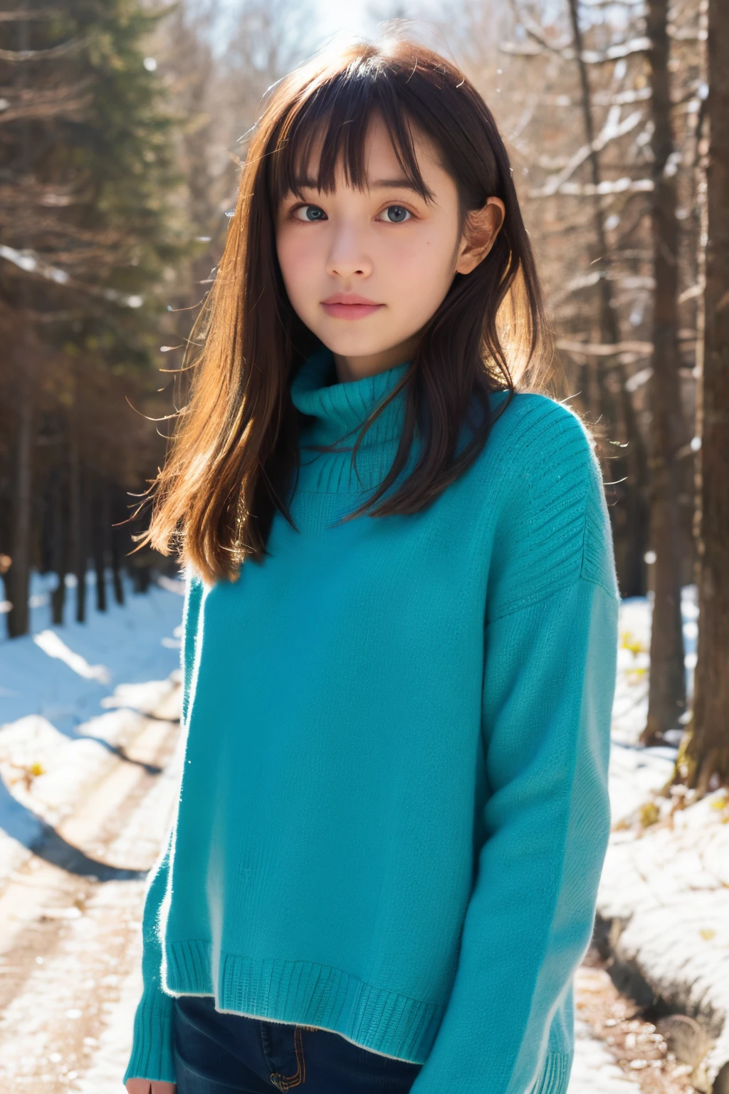 Portrait, High quality, Ukrainian girl fairy winter snow tree々Between、About in the forest, Blue eyes, Smooth skin, ((Best Quality, 8K, masutepiece :1.3)), 1girl in, Pretty girl , Casual Outfit :1.2, In the forest, Ultra-detailed face, Detailed eyes, 二重まぶた