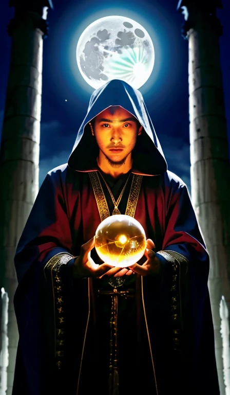 Close-up of a person holding a crystal ball in front of the full moon, Nemu'Cast a lightning spell, Wizard ponders his realm, magia, holding a shining orb of data, spell casting wizard, Kramskoy 4 K, dress up as an oracle, 480p, 4 8 0 p, flame spell, Holding a crystal ball, Biblical epic movie