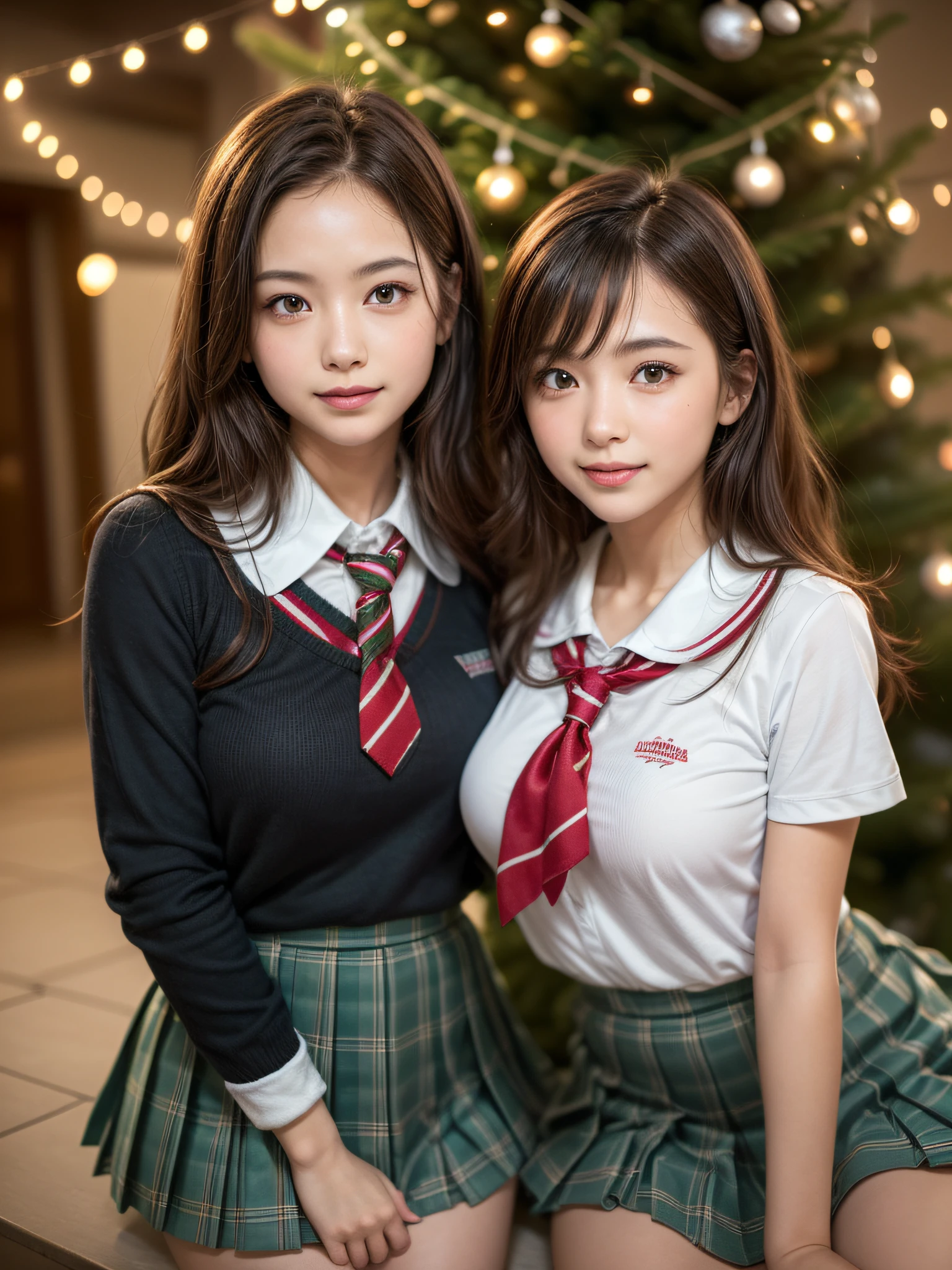 (2girls:1.4), Extremely cute, Amazing face and eyes, (Beautiful lovely smile), (extremely detailed beautiful face), bright and shiny lips, (School uniform, Pleated skirt:1.3), (Best Quality:1.4), (hyper quality), (Ultra-detailed), (Hyper-realistic, Photorealsitic:1.37), Authentic skin texture, intricate-detail, extremely detailed CG unified 8k wallpaper, RAW Photos, professional photograpy, Cinematic lighting, Exposing, Christmas tree, Christmas Ornaments, Christmas Decorations, Christmas Lights, christmas lights,