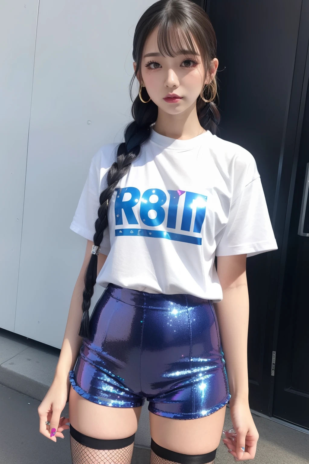 female idol、full body Esbian、shiny blue tight sequin shorts、Braids、fishnet tights