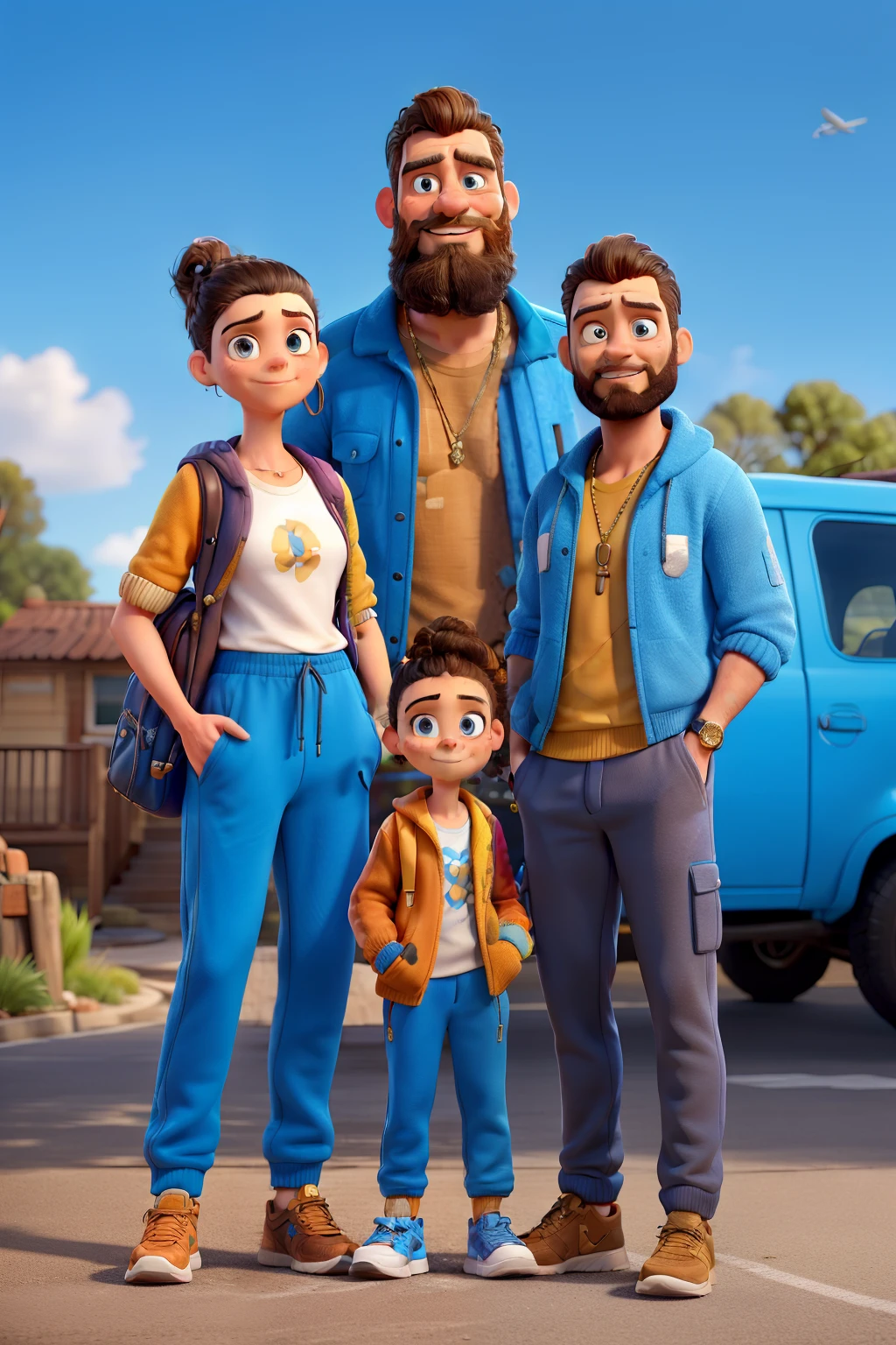 A couple standing next to each other with a blue sky and a bearded dragon on the girl with a slick back bun and a sweat suit on with a should purse on and the man have curly short hair and is matching a outfits and has a beard and 3 gold chains and a blue backpack on