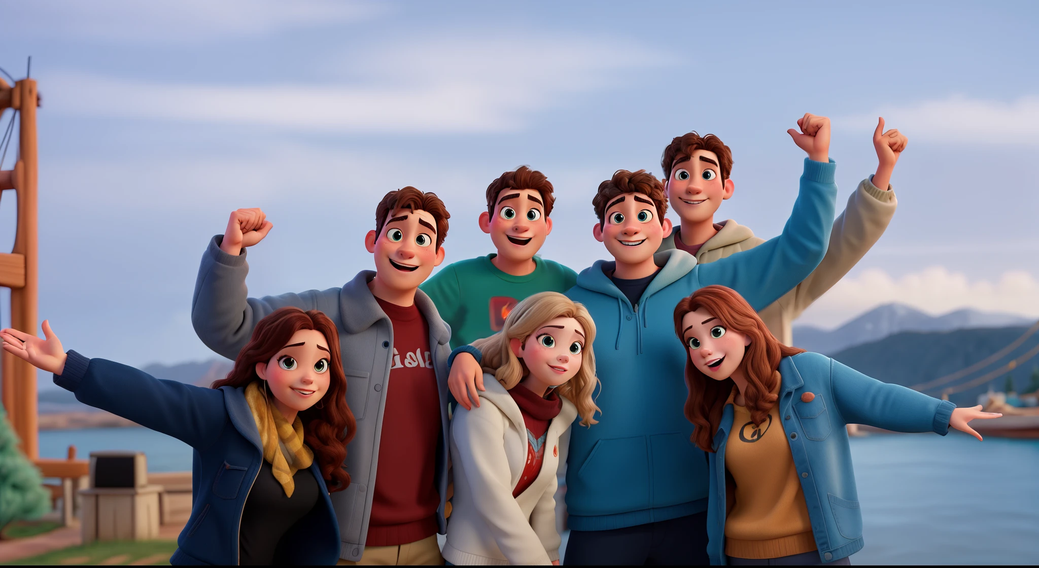 high quality photo, group photo, group portrait, commissioned, 8k quality, photo realistic in disney pixar style. high quality, 8k, master piece, 3d disney, disney pixar