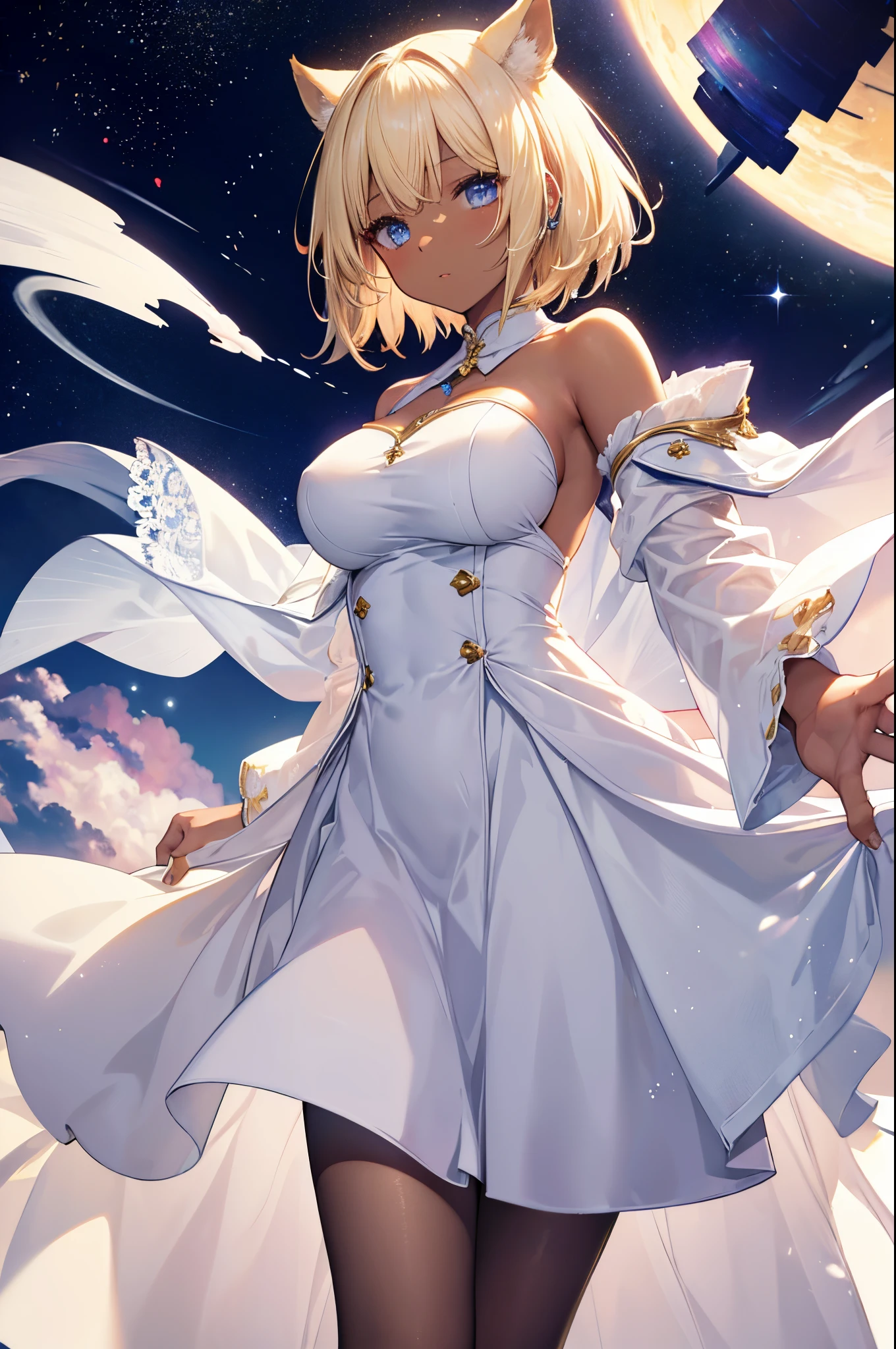Female, Miqo'te, Hime Cut Blonde hair, Blue eyes, dark brown skin, large breasts, wearing a formal white dress. The sun behind with a space background