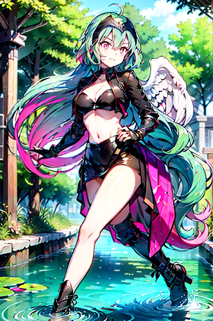 Great quality ++ High resolution extremely detailed, very aesthetic, expressive eyes, (((Perfect face))), (((Symmetrical face))), ((Good anatomy)), (((Perfect hands))), (((8k))), UHD, HD wallpaper, (((high quality))), Ultra detailed, (((1girl))), ((((fullbody)))), (((MLP))), (((princess celestia))), ((human form)), (((princess celestia humanized))), Celestia, celestia from my little pony, celestia in the form of a milf, long wavy hair, pink eyes, lush breast, greek columns, outside, beautiful majestic forest, vine leafs surrounding the columns, bush of flowers everywhere, wear a armor of jeanne d'arc alter, knee high boot, white angelic wings, white pony ears, clear sky, bright sunny day, water fall, river, water reflection, lily pads, heavenly forest,
