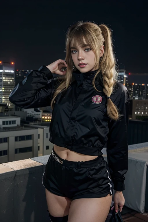 Ninjas are... cold and... almost.！god quality, Anime Moe Artstyle, best anime wallpaper 8k konachan, Badass Anime 8K, Perfect , (Please Photograph a female ninja looking at the city from the rooftop..)From diagonally above,Angle, 1 woman is a ninja, (long hair, bangs, pigtails), Full limbs, Full fingers, Beautiful detailed eyes in 8k, Light clothing, ninja costume, shorts, ninja scarf fluttering in the wind, standing on the roof of the skyscraper, Ultra detailed, high resolution, super detailed skin, Professional lighting, (cool illustration:1.2), ((blonde hair)), ((night))