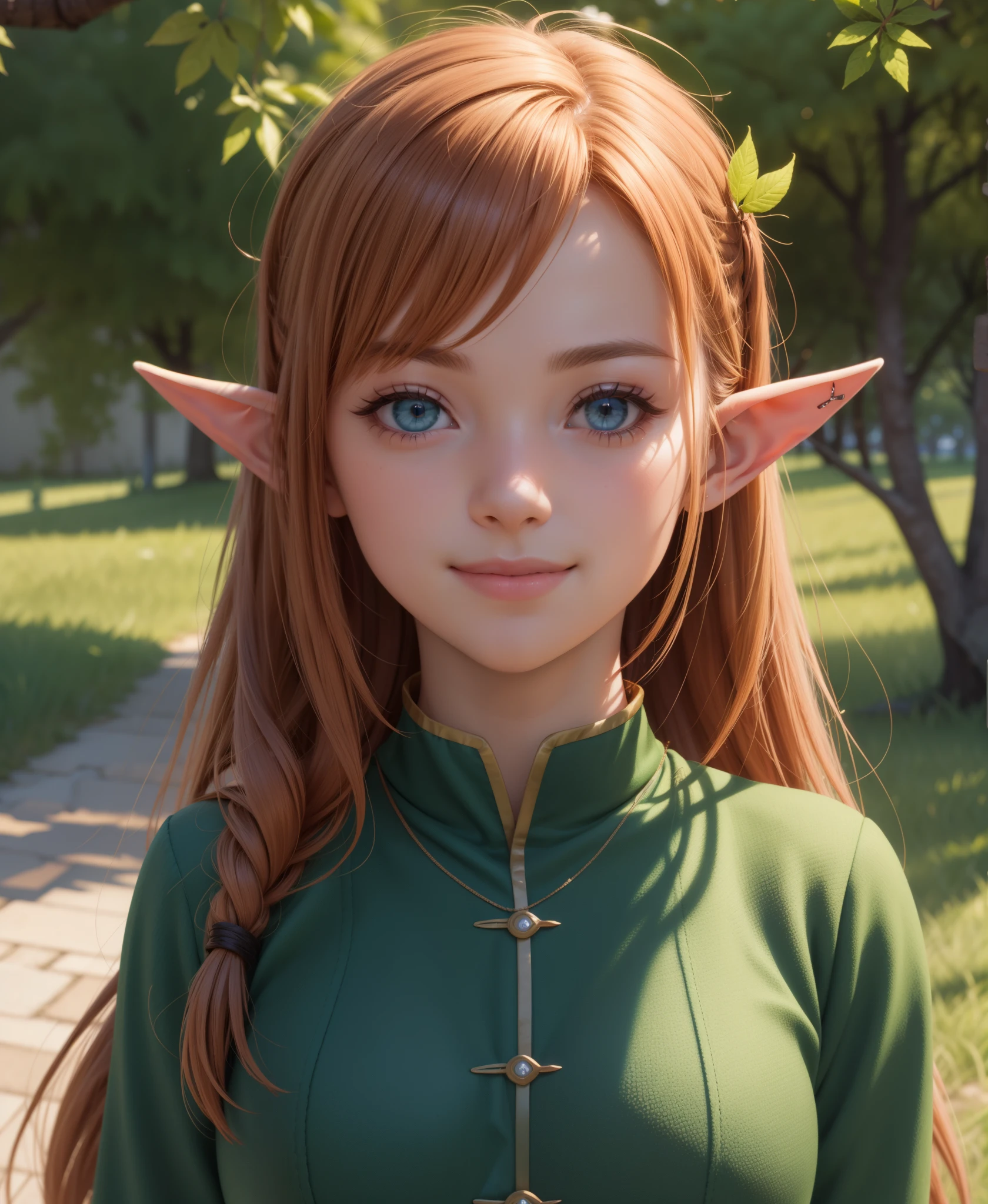 ELF EARS, LEAF COSTUME, GINGER HAIR, 1girl, solo, facing viewer, looking at viewer, smile,, detailed, analog style, RAW photo,best quality, epic anime,hyper-realistic lifelike texture, masterpiece, unreal engine 5,Extremely detailed CG unity 8k wallpaper, UHD, HDR, Madly detailed photo,(ecstasy of light and shadow),,