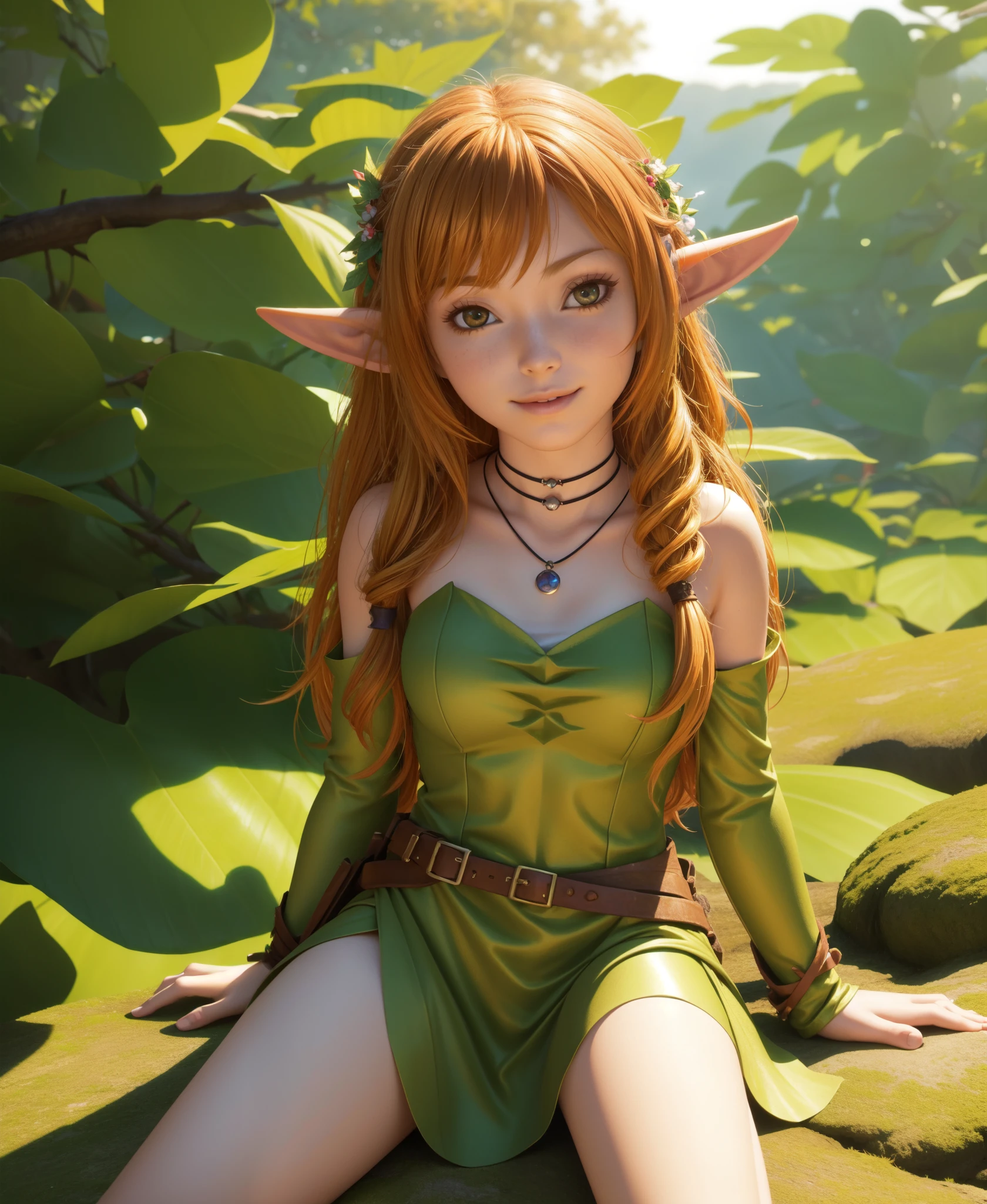 ELF EARS, LEAF COSTUME, GINGER HAIR, 1girl, solo, facing viewer, looking at viewer, smile,, detailed, analog style, RAW photo,best quality, epic anime,hyper-realistic lifelike texture, masterpiece, unreal engine 5,Extremely detailed CG unity 8k wallpaper, UHD, HDR, Madly detailed photo,(ecstasy of light and shadow),, sfw, safe