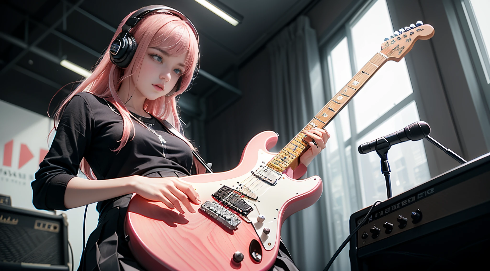 ((masterpiece,best quality))1girl, solo, black skirt, blue eyes, electric guitar, guitar, headphones, holding, holding plectrum, instrument, long hair, , music, one side up, pink hair, playing guiter, pleated skirt, black shirt, indoors