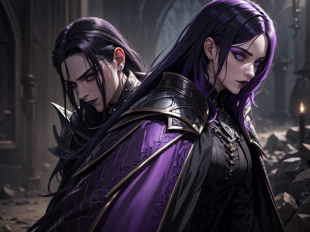 An adult vampire wizard character wearing a very detailed and beautiful gothic armor in black and purple color. Seu cabelo com corte em estilo curto, black lip color, cor roxa dos olhos;, manto, capuz, caminhando, 8k, Magnificent, Black and purple Gothic armor, capa