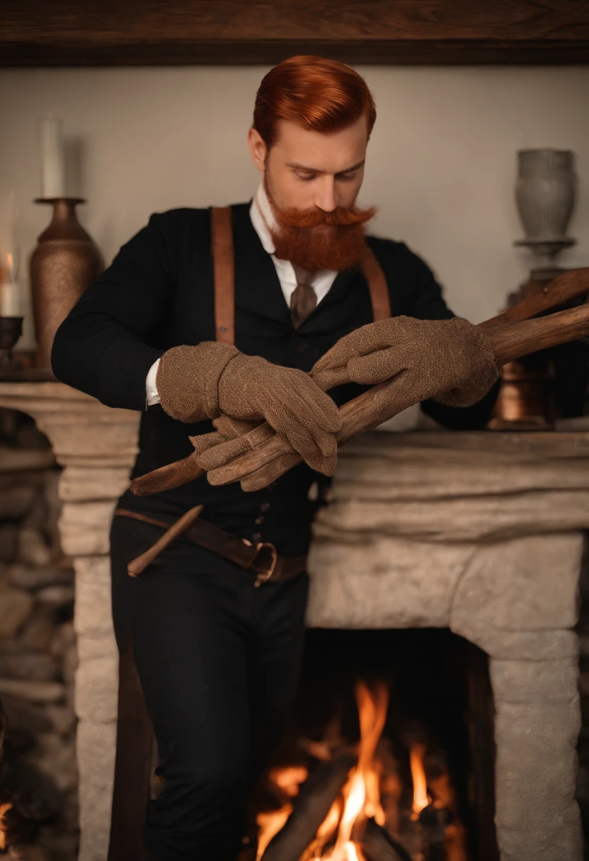 A close-up of FireplaceFrank wearing flame-patterned gloves and delicately arranging kindling in a stone fireplace.,original,FireplaceFrank has red hair and a handlebar moustache, male