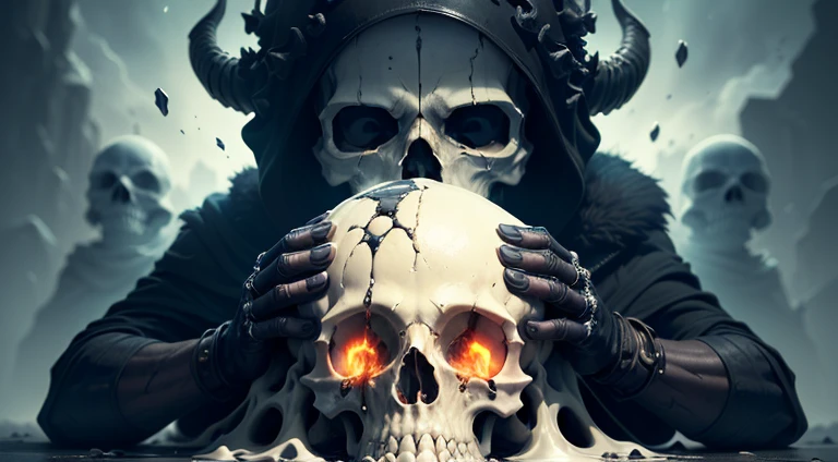 Skull with ornate beard on a dark background, War skulls, with a crown of skulls, fantasy skull, sacred skull, adorned with skulls of angels and demons, Projeto de caveira para um escudo de moto clube, crown of skulls, death skull, skull and bones, morphing skulls, sacred skulls, skulls around, altamente detalhado, preto e branco, bordado