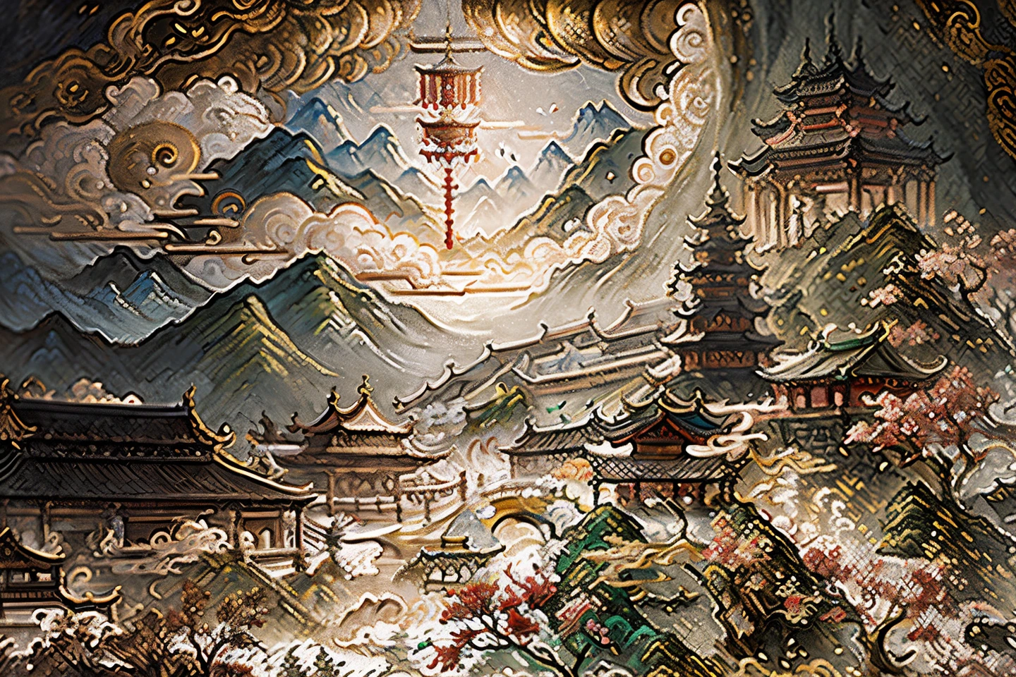 ancient chinese painting, ancient chinese background, mountains, river, auspicious clouds, Fairies dance, pavilions, sunlight, masterpiece, super detail, epic composition, ultra hd, high quality, extremely detailed, official art, unified 8k wallpaper, super detail, 32k