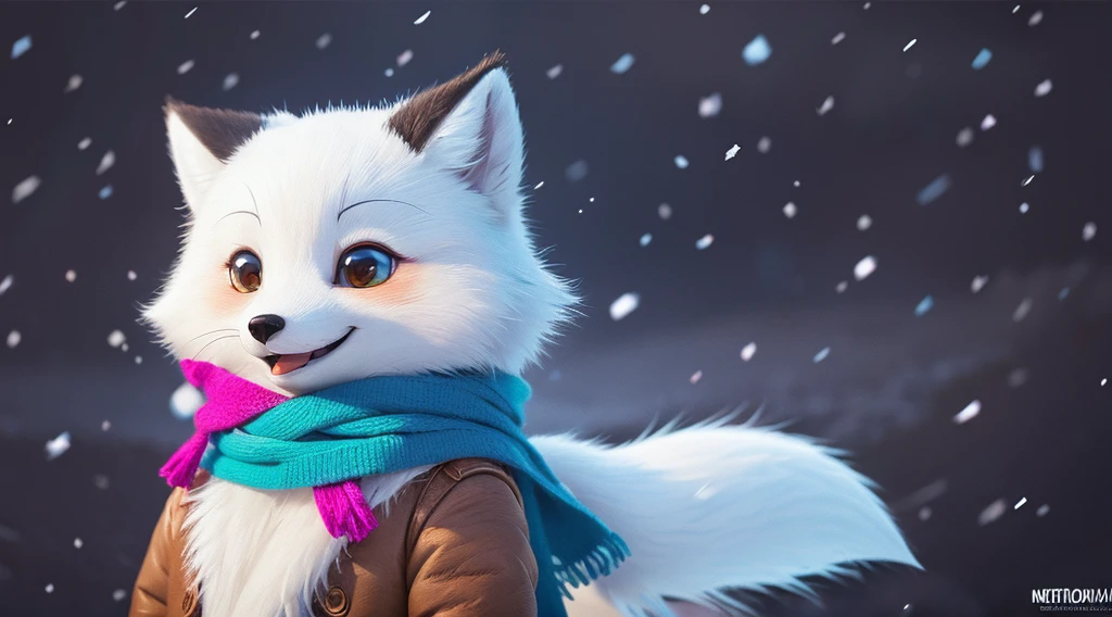 style-nebmagic, portrait of İsmail İnceoğlu, Gazelli, James Jean, Anton Fadeev and Yoshitaka Amano, fluffy cute arctic fox in a Style-SylvaMagic scarf in the snow, Very detailed, 8K resolution, Digital Art, Trending on ArtStation, bright colours, Chibi style, Masterpiece, Charming, Friendly, pretty;