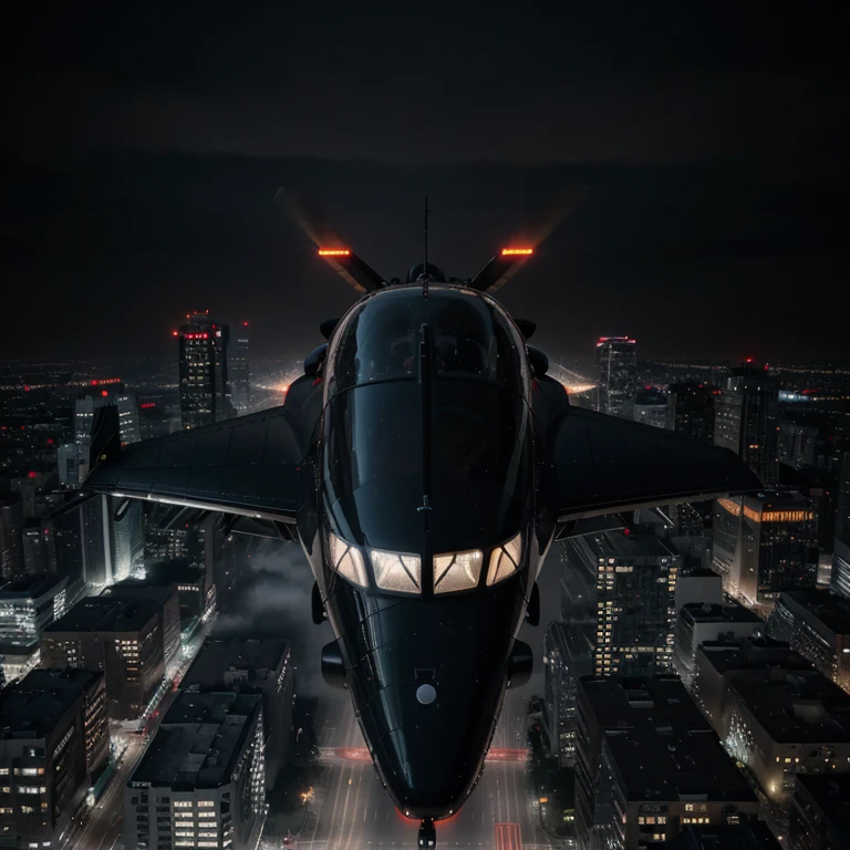 (best quality,4k,8k,highres,masterpiece:1.2),ultra-detailed,(realistic,photorealistic,photo-realistic:1.37),futuristic black helicopter [concept art],sleek design,advanced aerodynamic silhouette,rotating propellers,[silent flight],high-tech exterior,shiny metallic surface,stealthy appearance,({intense,striking} contrast:black and silver),bright LED lighting system,(reflective glass windows),powerful engine sound,[hovering over urban skyline],[busy city streets],blurred motion below,[matching black pilot uniform],[intense adrenaline rush],red emergency lights,urban dystopia,({moody,dark} atmosphere),[high-rise buildings],modern architecture,({heavy,thick} fog),bold angular lines,([eye-catching,awe-inspiring:different tag]),({cinematic,dramatic} colors),(futuristic neon lights),[reflections on the helicopter],(captivating,mesmerizing:1.1) scene.