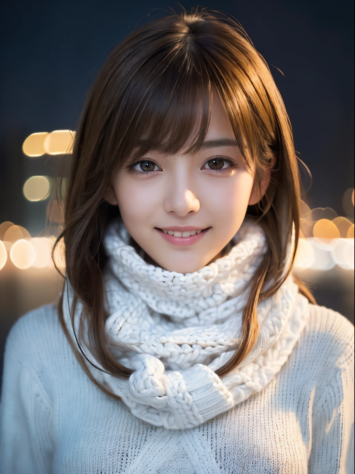 1 japanese girl,(White sweater:1.4),(She wears a knitted snood around her neck to hide her chin....:1.5), (Raw photo, Best Quality), (Realistic, Photorealsitic:1.4), masutepiece, extremely delicate and beautiful, Extremely detailed, 8k wallpaper, amazing, finely detail, extremely detailed CG Unity, hight resolution, Soft light, Beautiful detailed 19 year old, extremely detailed eye and face, beautiful detailed nose, Beautiful detailed eyes,Cinematic lighting,city light at night,Perfect Anatomy,Slender body,Smiling  (hair messy, asymmetrical bangs, light brown hair,)