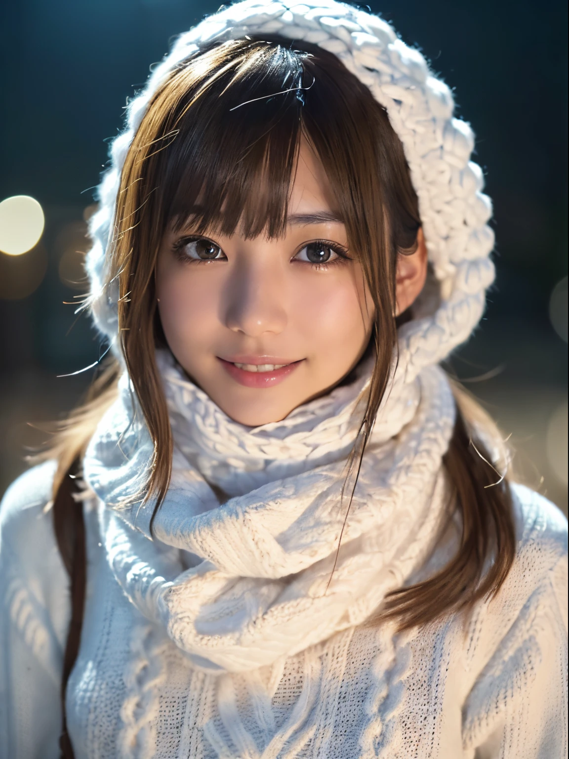 1 japanese girl,(White sweater:1.4),(She wears a knitted snood around her neck to hide her chin....:1.5), (Raw photo, Best Quality), (Realistic, Photorealsitic:1.4), masutepiece, extremely delicate and beautiful, Extremely detailed, 8k wallpaper, amazing, finely detail, extremely detailed CG Unity, hight resolution, Soft light, Beautiful detailed 19 year old, extremely detailed eye and face, beautiful detailed nose, Beautiful detailed eyes,Cinematic lighting,city light at night,Perfect Anatomy,Slender body,Smiling (hair messy, asymmetrical bangs, light brown hair,)