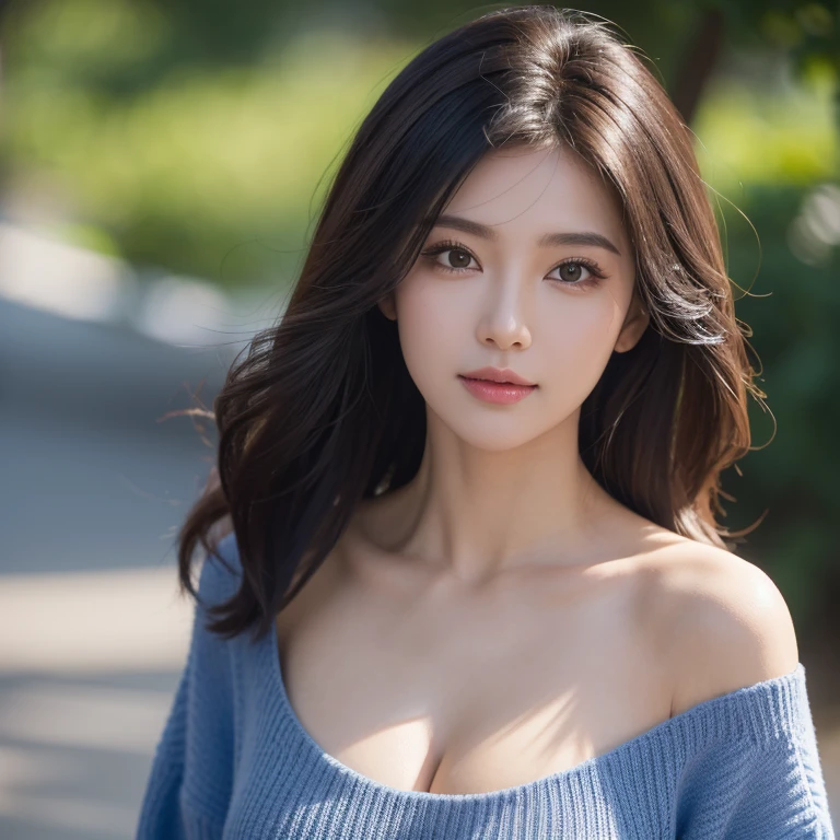 full bloom, Lens reflections, (8K, raw, professional, Best quality at best, tmasterpiece: 1.2), (actual, realistically: 1.37), ultra - detailed, (Wide-angle 25mm portrait), (the most detailed skin: 1.2), The face is very delicate, The mouth opened slightly,电影灯光, 1 plump girl,cabelos preto e longos, (Windless),, brightened light, looking at the camera in,Accentuate Chest,Exposing cleavage,Blue sweater dress