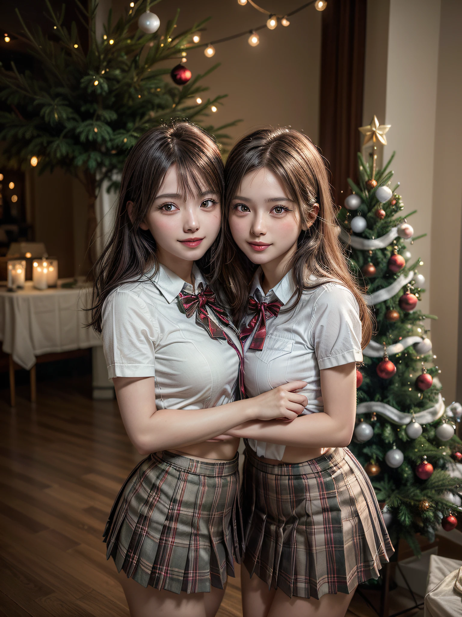 (2girls:1.4), Extremely cute, Amazing face and eyes, (Beautiful lovely smile), (extremely detailed beautiful face), bright and shiny lips, (School uniform, Pleated skirt:1.3), (Best Quality:1.4), (hyper quality), (Ultra-detailed), (Hyper-realistic, Photorealsitic:1.37), Authentic skin texture, intricate-detail, extremely detailed CG unified 8k wallpaper, RAW Photos, professional photograpy, Cinematic lighting, Exposing, Christmas tree, Christmas Ornaments, Christmas Decorations, Christmas Lights, christmas lights,