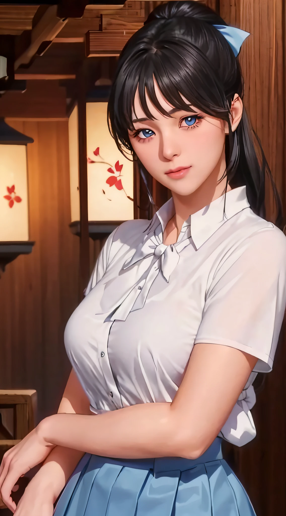 Anime girl in a blue skirt and white shirt posing for a picture - SeaArt AI