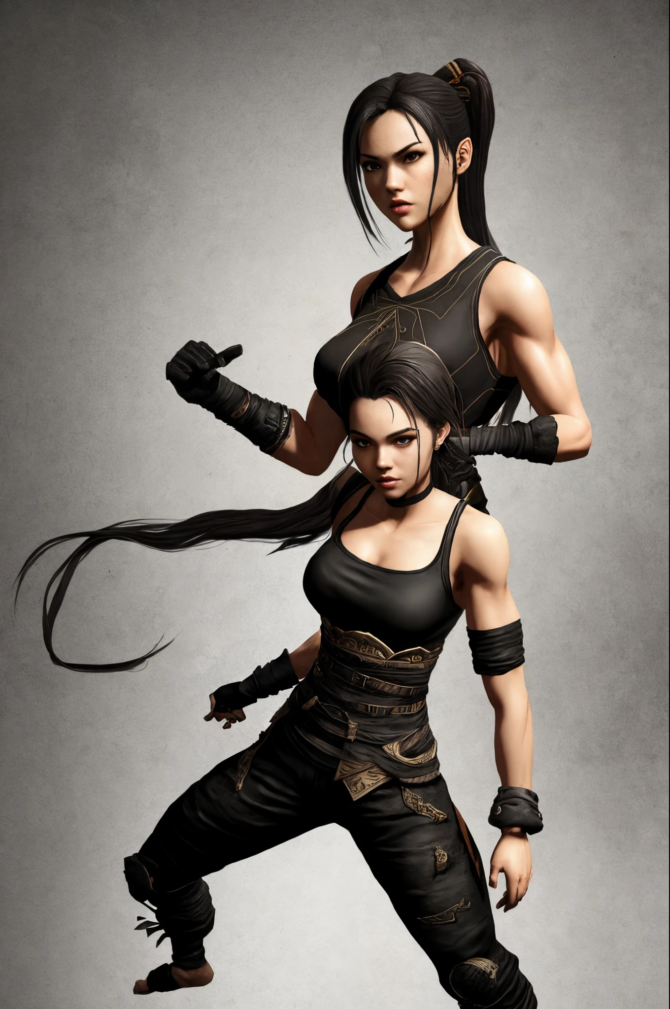 Mortal kombat character, female long white hair, black eyes, Shaolin monk, black attire, India Eisley, power of shadows, darkness, fighting pose