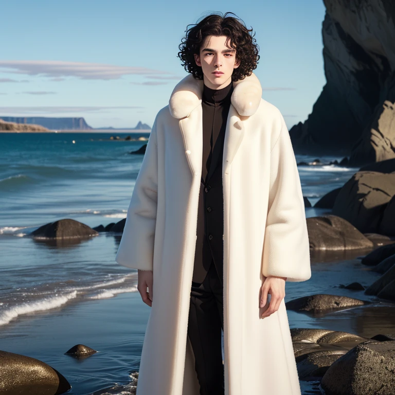 Selkie, a slender young man with pale skin, big brown eyes, black curly hair, freckles, wearing a white sleek seal fur coat that goes all the way down to his feet.