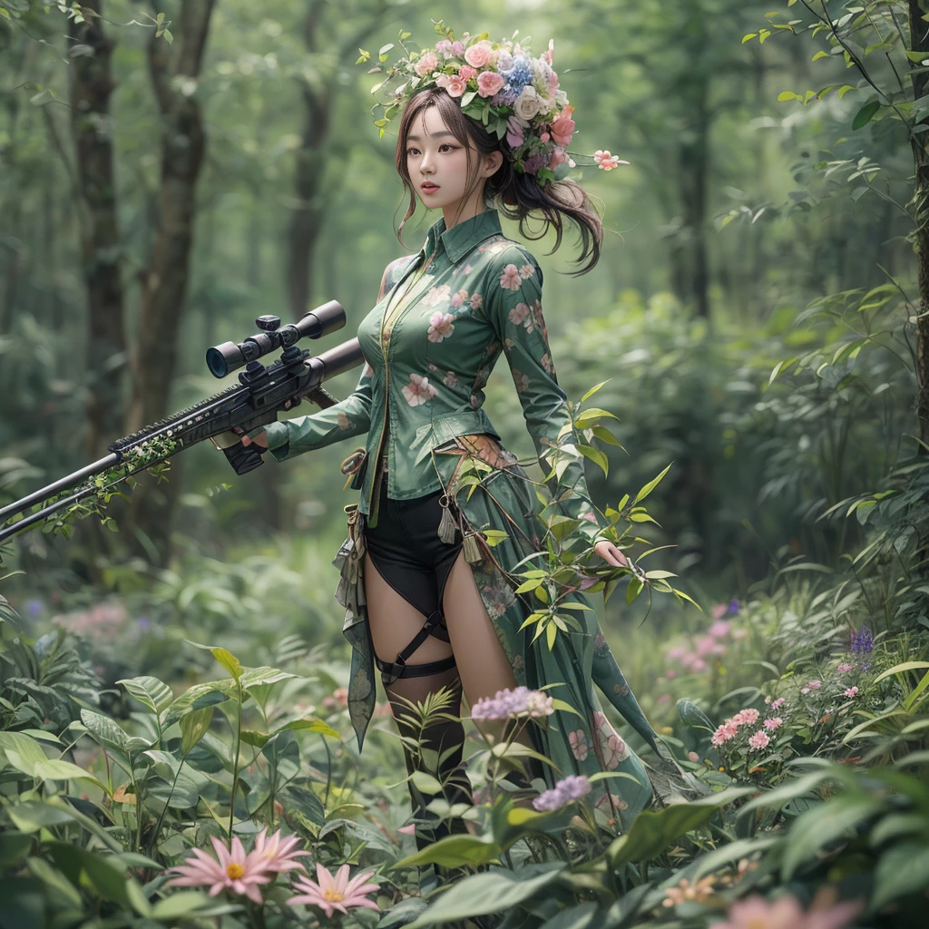 middle,(a girl made of fresh,Holding a sniper rifle made of plants and aiming at the target,Sniper rifle made from green plants,Body covered with flowers and plants,plant high heels,Plant hair,Plant clothes),blossoms,age-old tree,ln the forest,(globalillumination、Ray traching、HDR、Unrealistic rendering、Rational design、tmasterpiece、best qualtiy、hyper HD、cinmatic lighting,anatomy correct,Facial features of beautiful Korean women)