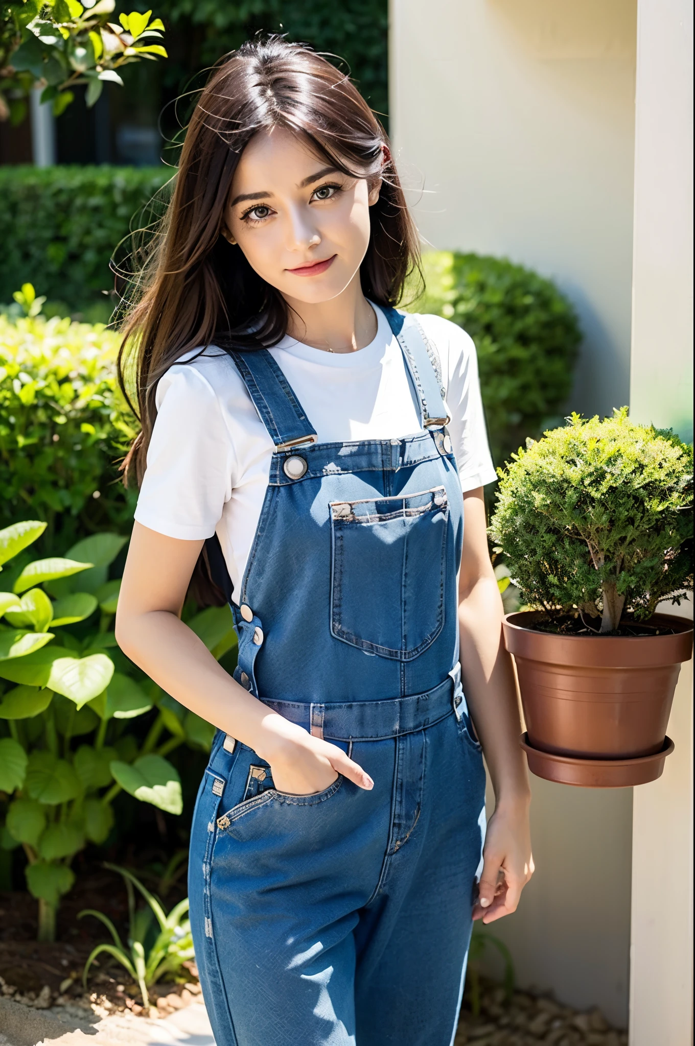 One girl, solo，2 years old，dungarees, holding a plant in a pot, 5 fingers