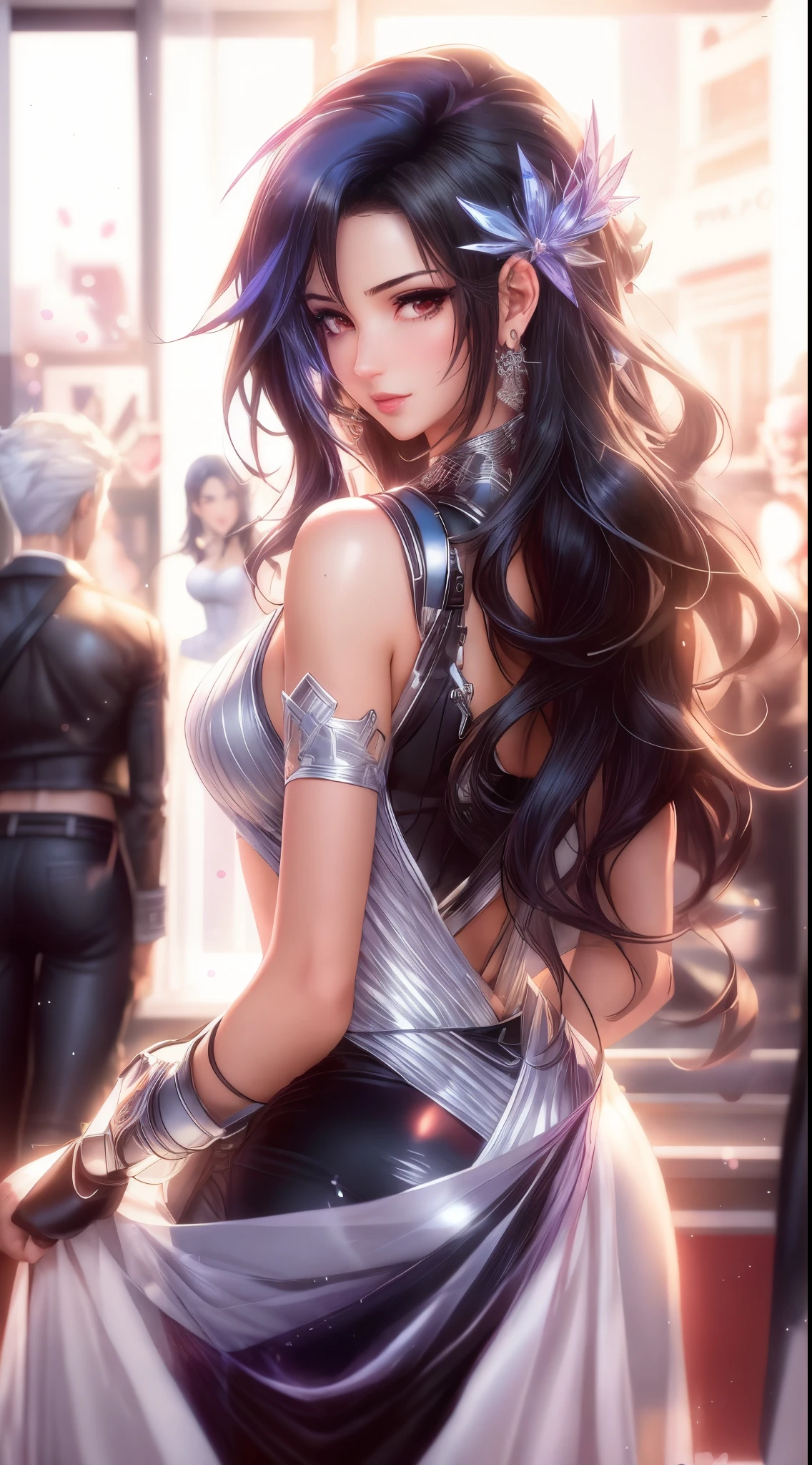 arafed image of a sexy couple posing together in a window, seductive tifa lockhart portrait, tifa, tifa lockhart, tifa lockheart, tifa lockhart portrait, glamorous tifa lockheart, portrait of tifa lockhart, tifa lockhart with white hair, range murata and artgerm, 8k high quality detailed art
