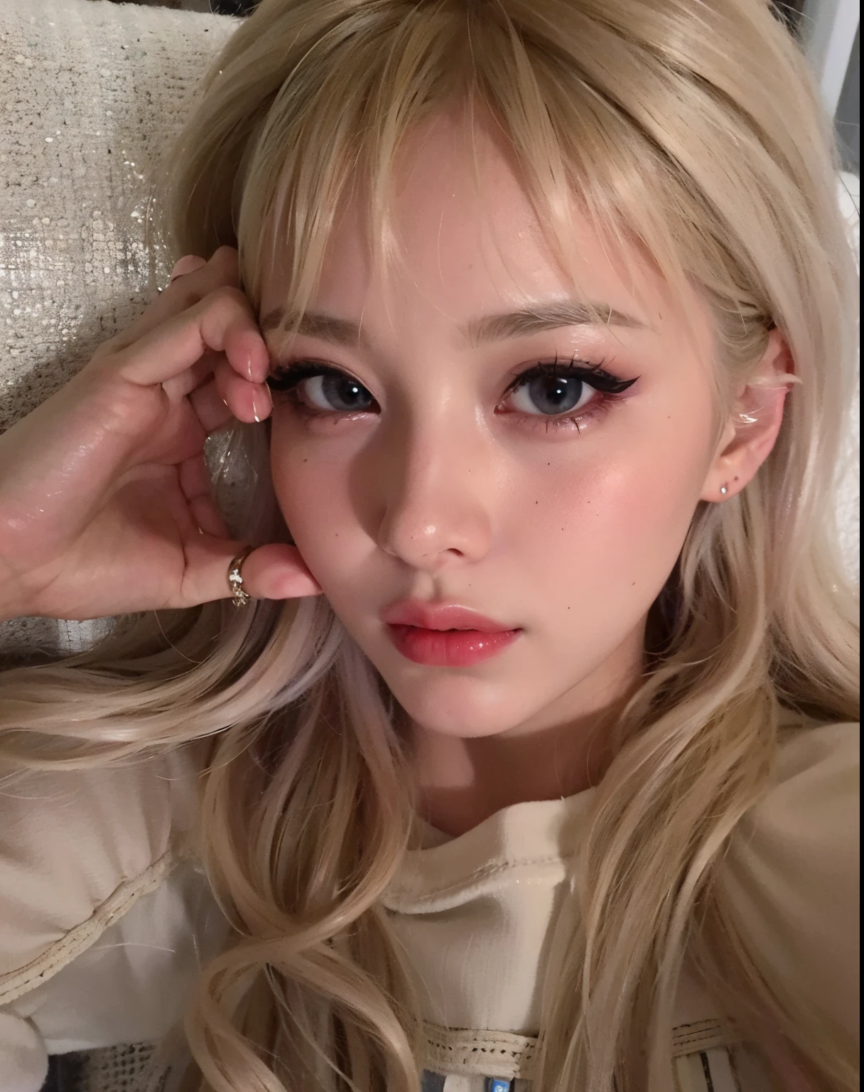 blond woman with long hair and big eyes talking on a cell phone, Jeon Somi, portrait of Jeon Somi, blonde hair and large eyes, long blonde hair and big eyes, sakimichan, jinyoung shin, long blonde hair and large eyes, popular south korean makeup, Jeon somi