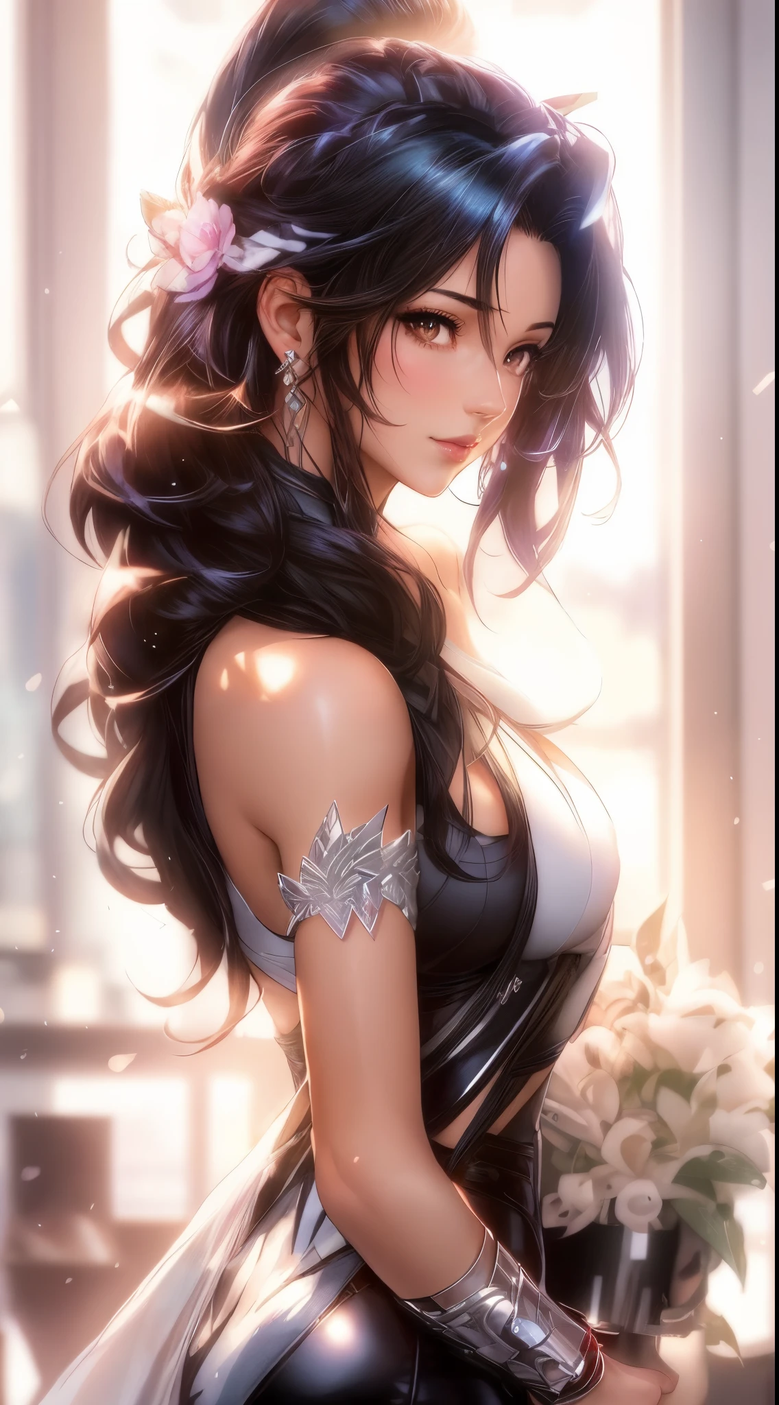 arafed image of a sexy couple posing together in a window, seductive tifa lockhart portrait, tifa, tifa lockhart, tifa lockheart, tifa lockhart portrait, glamorous tifa lockheart, portrait of tifa lockhart, tifa lockhart with white hair, range murata and artgerm, 8k high quality detailed art