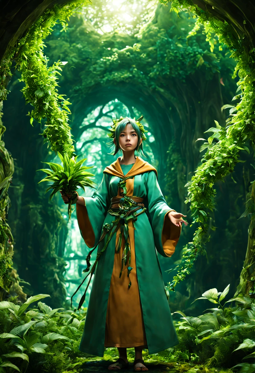 (Plant Girl:1.4), Mage robe with Plant decoration, Natural Department Mage, fantasy art, magic, nature, studio ghibli art, (best composition), ultra-wide-angle, octane render, enhance, intricate, (best quality, masterpiece, Representative work, official art, Professional, unity 8k wallpaper:1.3)