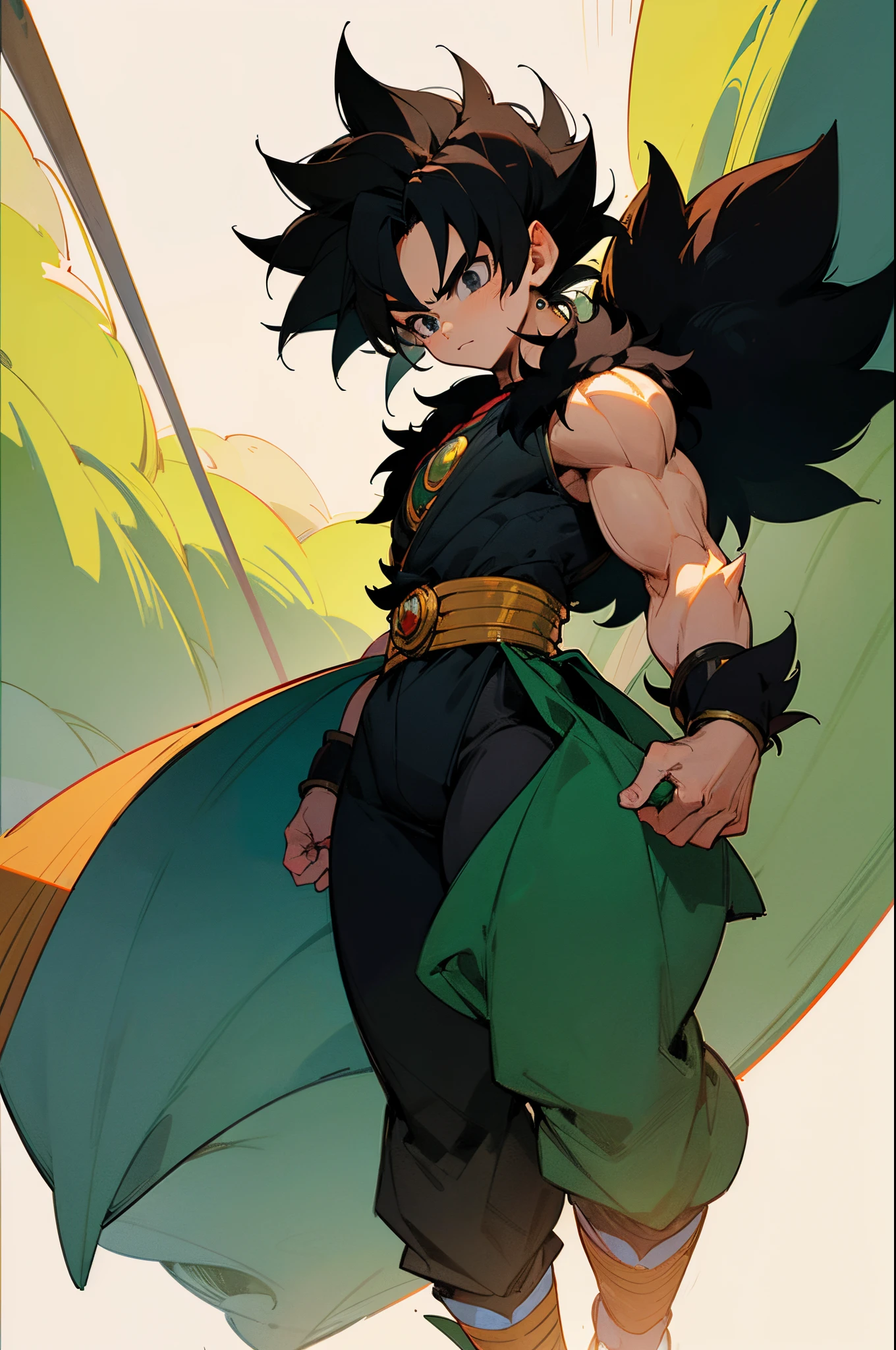 1male, , black hair, short length hair, black eyes, fur vest, fur pants, forest, walking down path, muscular, broly saiyan hair, masterpiece, solo, best quality, , finely detailed eyes, intricate details, young