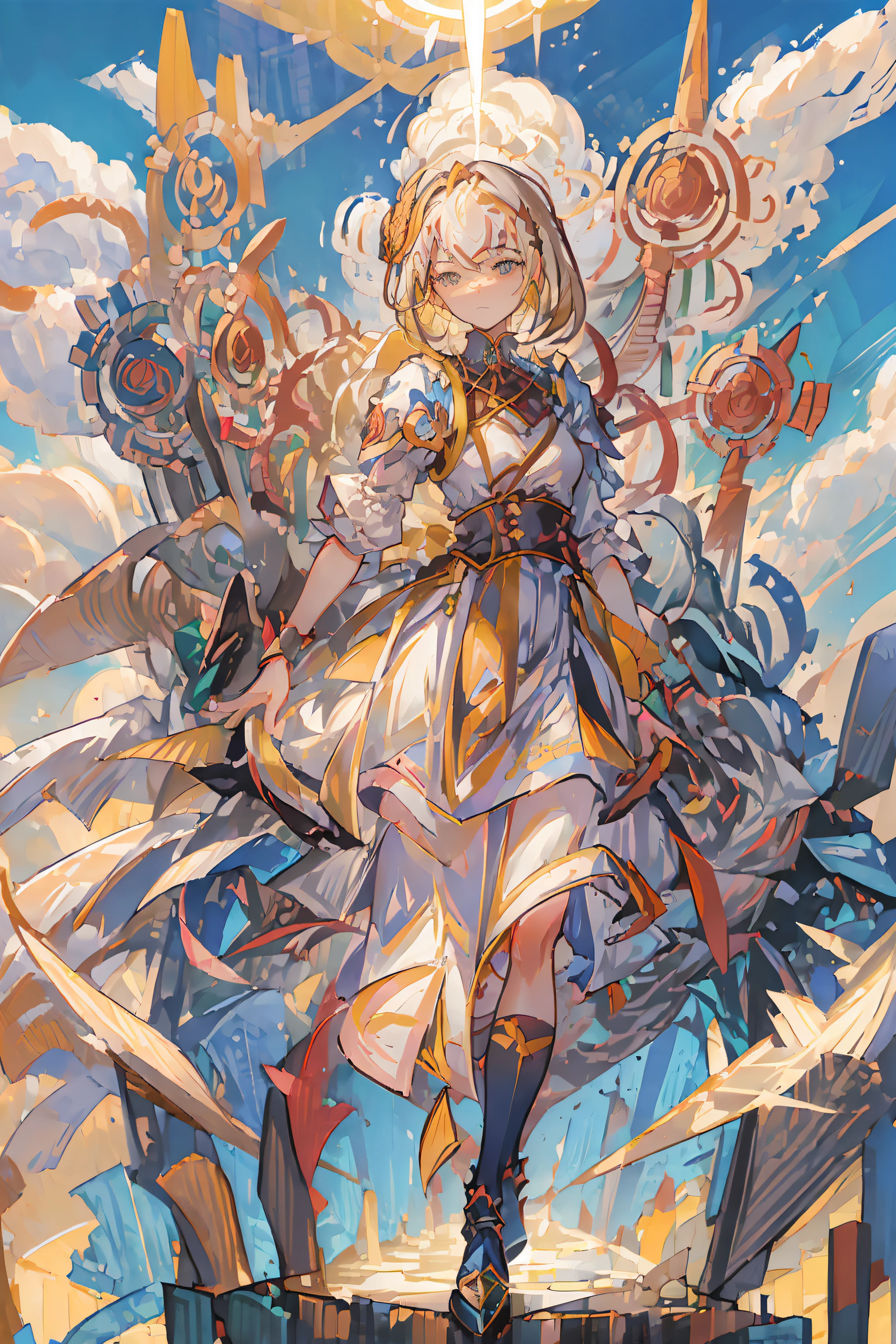 ((tmasterpiece,Best quality)),1 busty girl,Alone, (((Jinqian Li))), Short hair details, Light yellow hair, Alone, a skirt, Detailed eyes, looking at viewert, longer sleeves, Eternal, White dress, mitts,hair adornments, Black jacket, ssmile, Flutter, holland angle, close your mouth, look away, (central park),The sky is mostly cloudy, blue-sky, warm color,