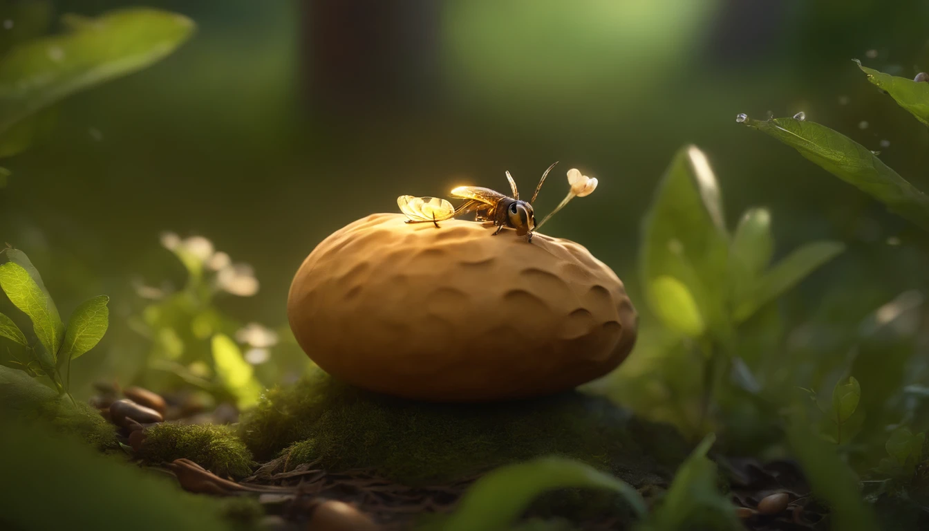Close up of cute tiny fireflies, lighting up a bush, a detailed painting, cgsociety, Detailed painting, artstation hd, high detail, cgsociety, photo realism, Concept art, artstation hd, official arts, bokeh ,(CBZBB:1.25), ((gremlin, taupe),Zhkute, fantasy forest, big huge oak, Huge roots, sticking out of the ground, the ground is covered with grass, a bunch of nuts, acorns are lying around, leaves, mushrooms sticking out, Beautiful, Fantasy art, deviant art, trending artstation, huge acorn, tiny, Cinematic shot, cinematic portrait of a light forest, glade, rill, 真实感, Realism, tmasterpiece, Big Oak, leaved (Night of the Fireflies), (higly detailed: 1 noise, Complementary, real-photo, ..........PSD, Lightweight Film Photography, sharp-focus, contrast lighting, Detailed description of oak, high resolution 8k, Crazy detailing, Realistic, professional photo of a, 8K UHD, dslr, soft light, hiquality, film grains, Fujifilm XT3