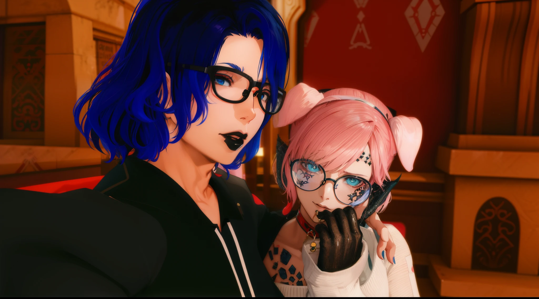 anime characters with blue hair and black glasses posing for a picture, nixeu and sakimichan, vrchat, kda and sam yang, second life avatar, ddlc, hints of yayoi kasuma, calmly conversing 8k, persona 5 inspired, goth family, persona 5 style