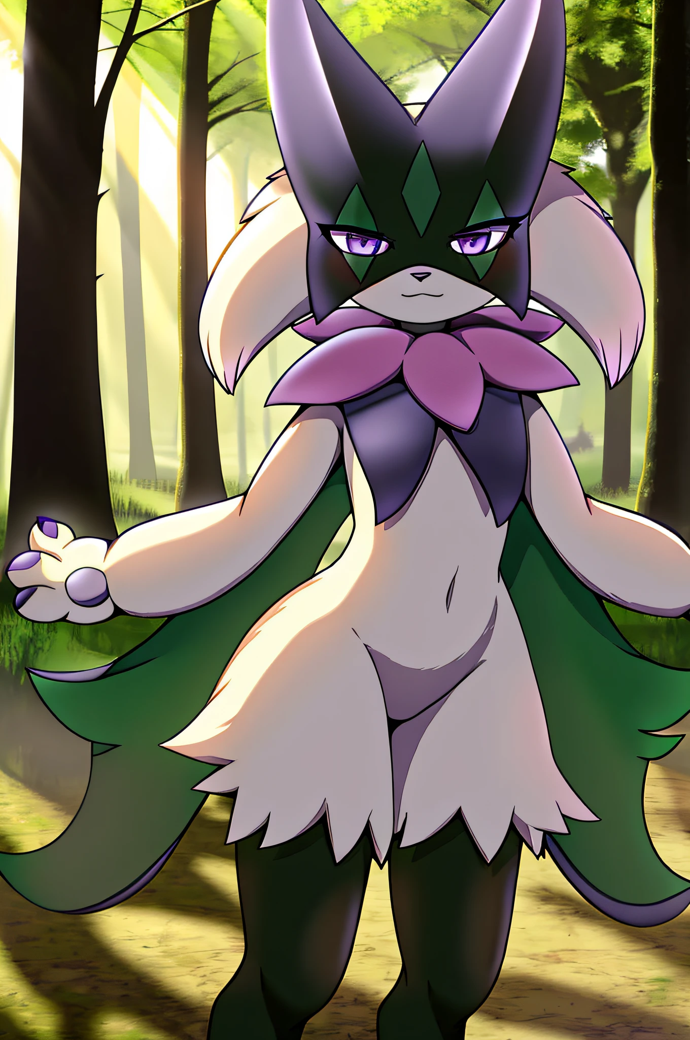 floran, anthro, female, solo, flora fauna, flower, plant, looking at viewer, shy, nervous, black eyes, solid eyes, nude, outside, jungle, forest, petite, smile, tall, large breasts, smug, aroused