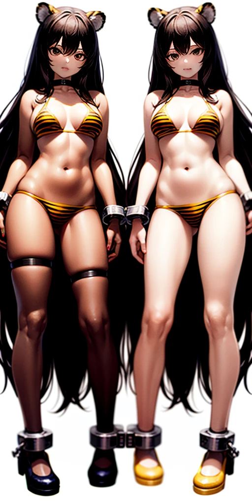 ((WHITE BACKGROUND)) full body standing straight symmetrical looking to the viewer woman wearing a yellow tiger bikini tiger paws, choker on neck, shackles on legs and arms, tiger face