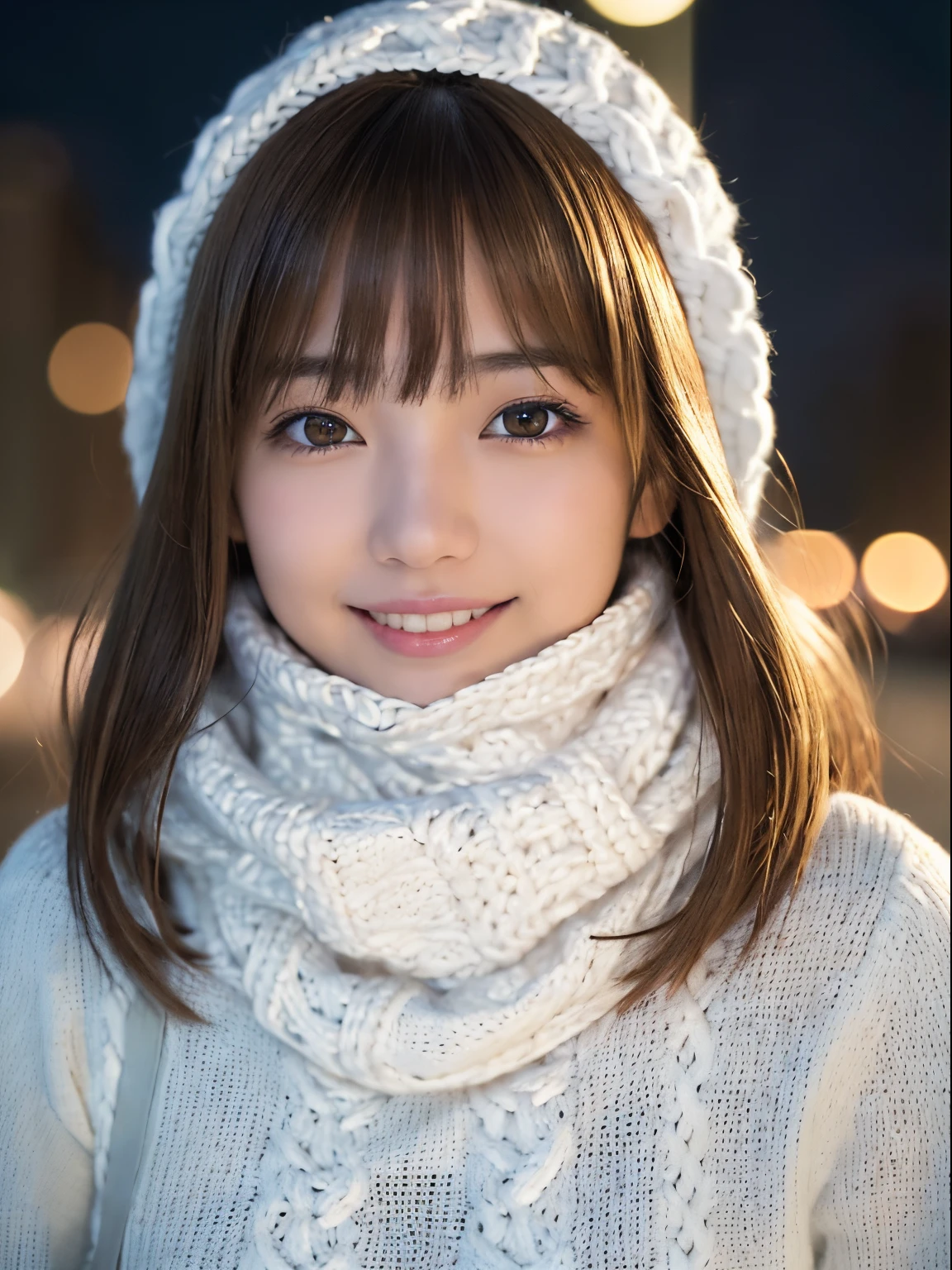 1 japanese girl,(White sweater:1.4),(She wears a knitted snood around her neck to hide her chin.....:1.5), (Raw photo, Best Quality), (Realistic, Photorealsitic:1.4), masutepiece, extremely delicate and beautiful, Extremely detailed, 8k wallpaper, amazing, finely detail, extremely detailed CG Unity, hight resolution, Soft light, Beautiful detailed 19 year old, extremely detailed eye and face, beautiful detailed nose, Beautiful detailed eyes,Cinematic lighting,city light at night,Perfect Anatomy,Slender body,Smiling  (hair messy, asymmetrical bangs, light brown hair,)