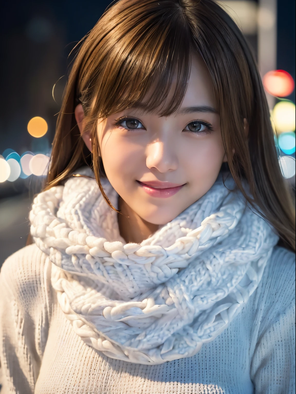 1 japanese girl,(White sweater:1.4),(She wears a knitted snood around her neck to hide her chin.....:1.5), (Raw photo, Best Quality), (Realistic, Photorealsitic:1.4), masutepiece, extremely delicate and beautiful, Extremely detailed, 8k wallpaper, amazing, finely detail, extremely detailed CG Unity, hight resolution, Soft light, Beautiful detailed 19 year old, extremely detailed eye and face, beautiful detailed nose, Beautiful detailed eyes,Cinematic lighting,city light at night,Perfect Anatomy,Slender body,Smiling (hair messy, asymmetrical bangs, light brown hair,)