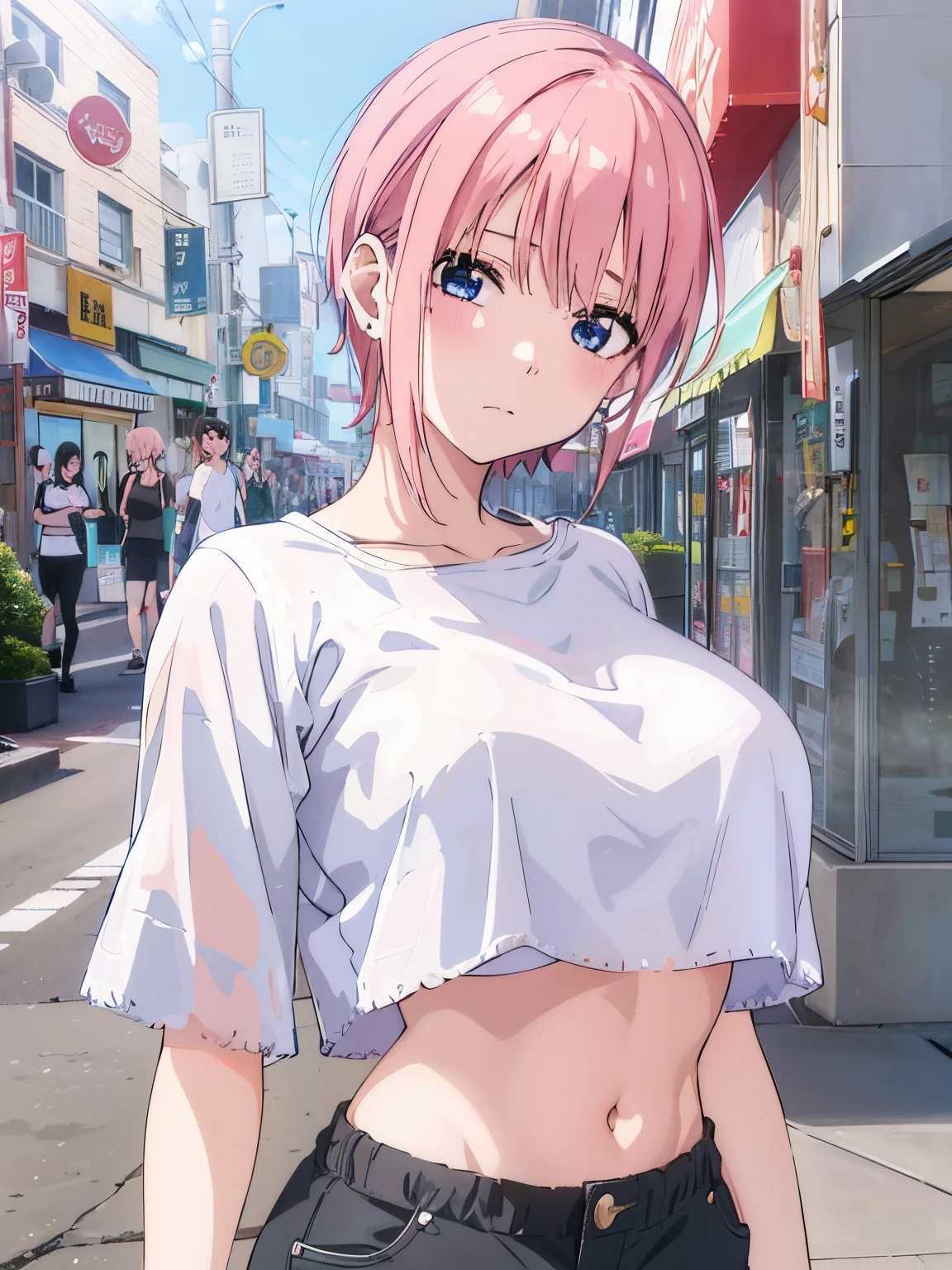 1girl, alone, ichika nakano, short hair, salmon pink hair, earrings in ears, blue eyes, embarrassed, closed mouth, embarrassed expression, white shirt, short shirt, short sleeves, left strap with visible black bra, exposed waist, visible navel , black shorts, short shorts, on the street, slim body, big breasts, medium waist, medium hips, wide thighs,