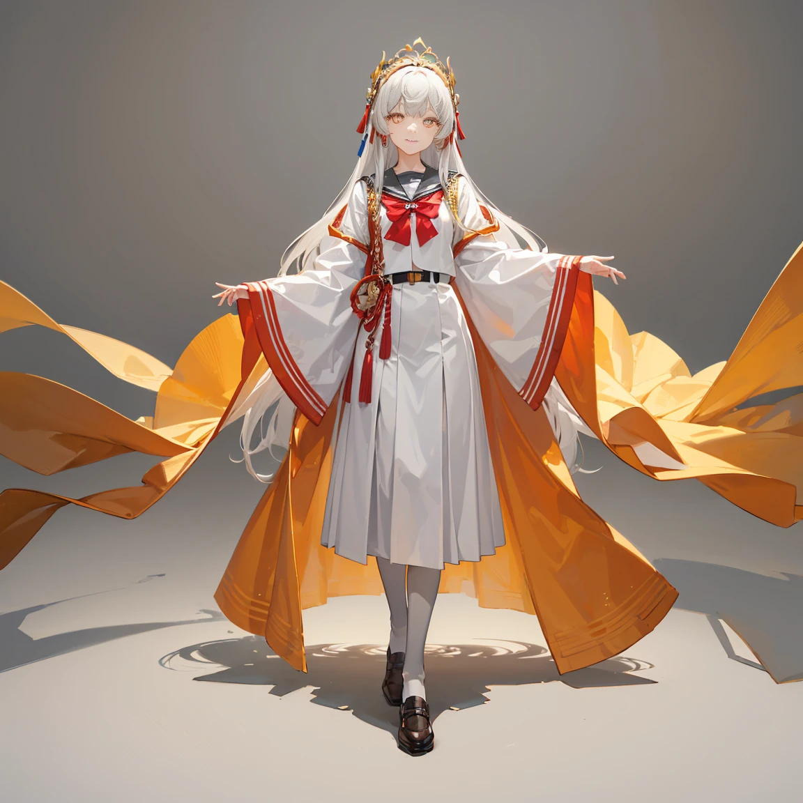 ((((gray background,)))), full - body, school uniform, frontal view, side glance, Rear view, golden eyes, glowing pupils, Delicate headdress, Long straight white hair, band, Jewelry, slight smile, Uniform dress, (Look-up table), UHD, ccurate, super detaill, Award-winning, high detail, Best Quality, 8K