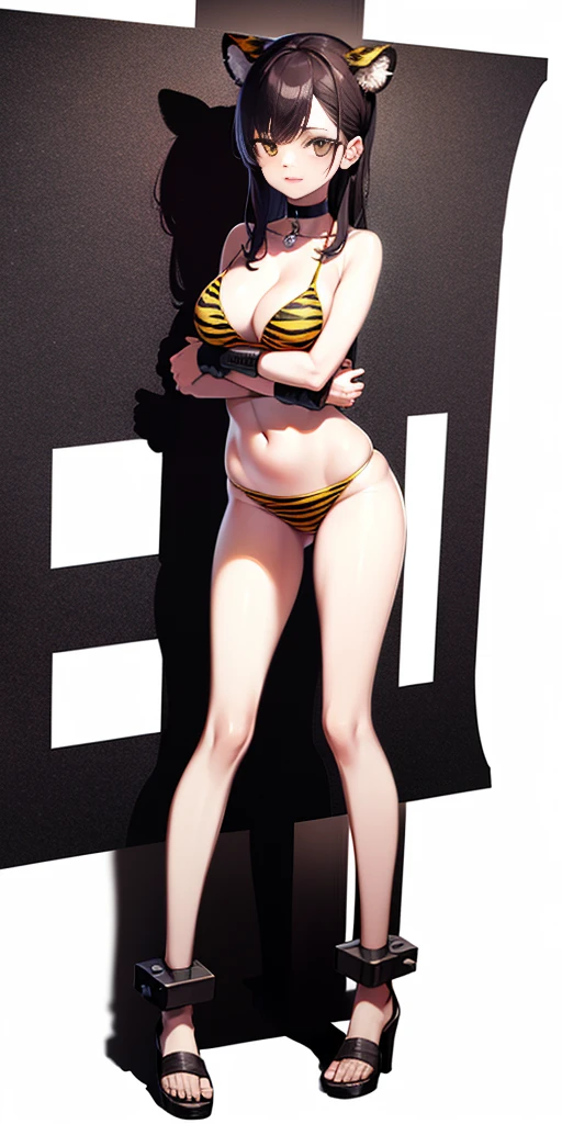 ((WHITE BACKGROUND)) full body standing straight symmetrical looking to the viewer woman wearing a yellow tiger bikini tiger paws, choker on neck, shackles on legs and arms, tiger face