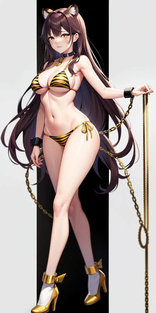 ((WHITE BACKGROUND)) full body standing straight symmetrical looking to the viewer woman wearing a yellow tiger bikini tiger paws, choker on neck, shackles on legs and arms, tiger face