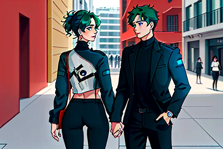una pareja de un hombre y una mujer, The man is 30 years old, el es muy alto, el wears a black suit, has short black hair and blue eyes., The woman is 25 years old, wears a police uniform, green hair and red eyes., ambos se abrazan y posan para la foto, foto bien enfocada, ambos salen en el centro,  cuerpo completo