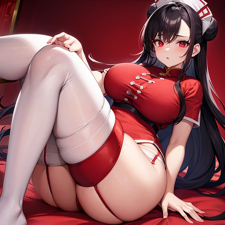 Nurse // alone chinese woman // big boobs // FIRE magic // bun hairstyle // red eyes // white lingerie with pantyhose and garter belt // red uniform nurse with hat // black hair