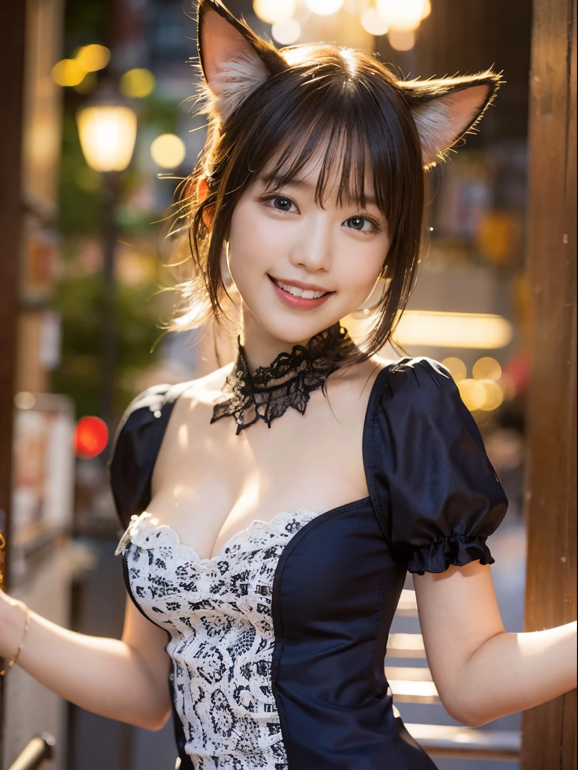 masutepiece, Best Quality, hight resolution, Maemik, Short hair, Ponytail, tusk, Animal ears, Cat tail, Hair Ornament, Hair Ribbon, medium breasts, Dress, Cowboy Shot, Smile, Open mouth, Night