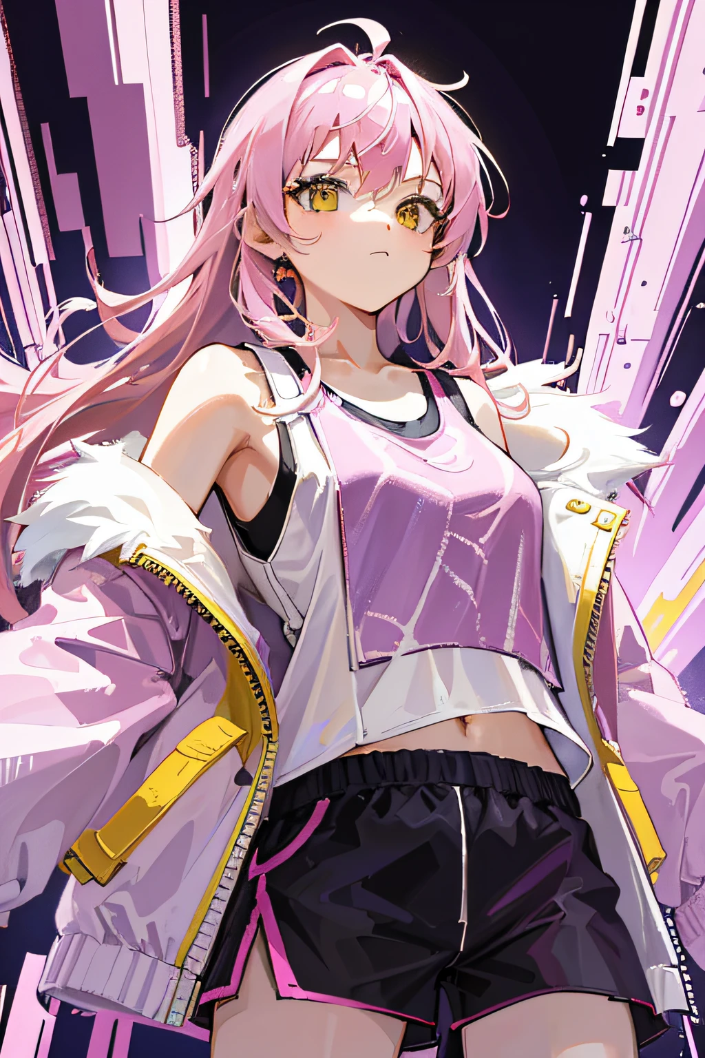 Pink haired 20-year-old girl, 160 cm height, yellow eyes, wearing purple fluffy jacket with white sleeveless t-shirt inside and black shorts, white sport shoes, impressionism