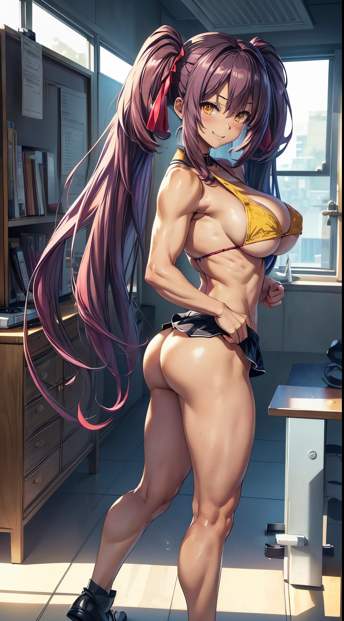 (((medium boobs))) (((huge ass))) beautiful and cute lady, wearing only very sexy panties and bra, naughty smile, at school, (muscular ass), (small waist), (butt only) , (((Ichika Amasawa))), white skin, red ribbons in her hair, (((bright yellow eyes))), good anatomy, perfect hands, (perfect muscular legs), thin waist, muscular abdomen, wearing a black shoe in high heels, (((full body photo))), (standing), (Magenta hair color), camera under ass, straight hair, (((Twintails))), (bright yellow eyes), anime , minimalism, anime style, ray tracing, cinematic lighting, glow, jpeg artifacts, bright light, divine rays, backlight, symmetry, panorama, Sony FE, hard drive, masterpiece, precise, anatomically correct, super detail, best quality, hard disk, highest, 16k