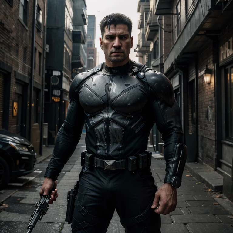 (best quality,4k,8k,highres,masterpiece:1.2),ultra-detailed,(realistic,photorealistic,photo-realistic:1.37),the Punisher,comic book hero,skull logo,menacing,fierce eyes,detailed muscles,black combat suit,posing with weapons,action-packed scene,city backdrop,foggy alleyway,dark shadows,strong light effects,vivid colors,gritty atmosphere.