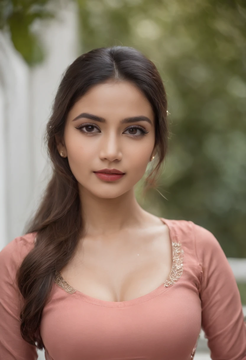 8k, hd, hyper-detailed, realistic beautiful indian woman around 25 years old, as human as possible, curvy and thicc bodywith bangs, smooth straight hair with no waves, about long length, light brown color, upper body composition with the city in the background, posing a bit, clothes that look like spring. With a smile